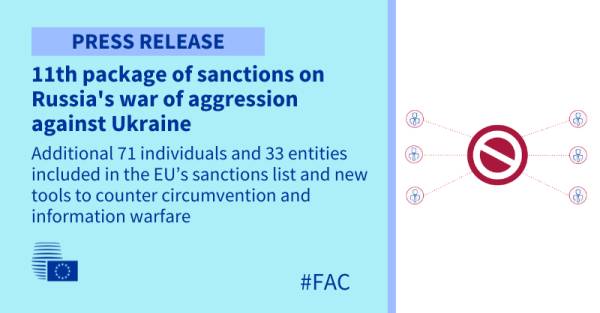 Consiglio Europeo: È in gazzetta ufficiale l'11° pacchetto di sanzioni contro la guerra di aggressione della Russia nei confronti dell'Ucraina